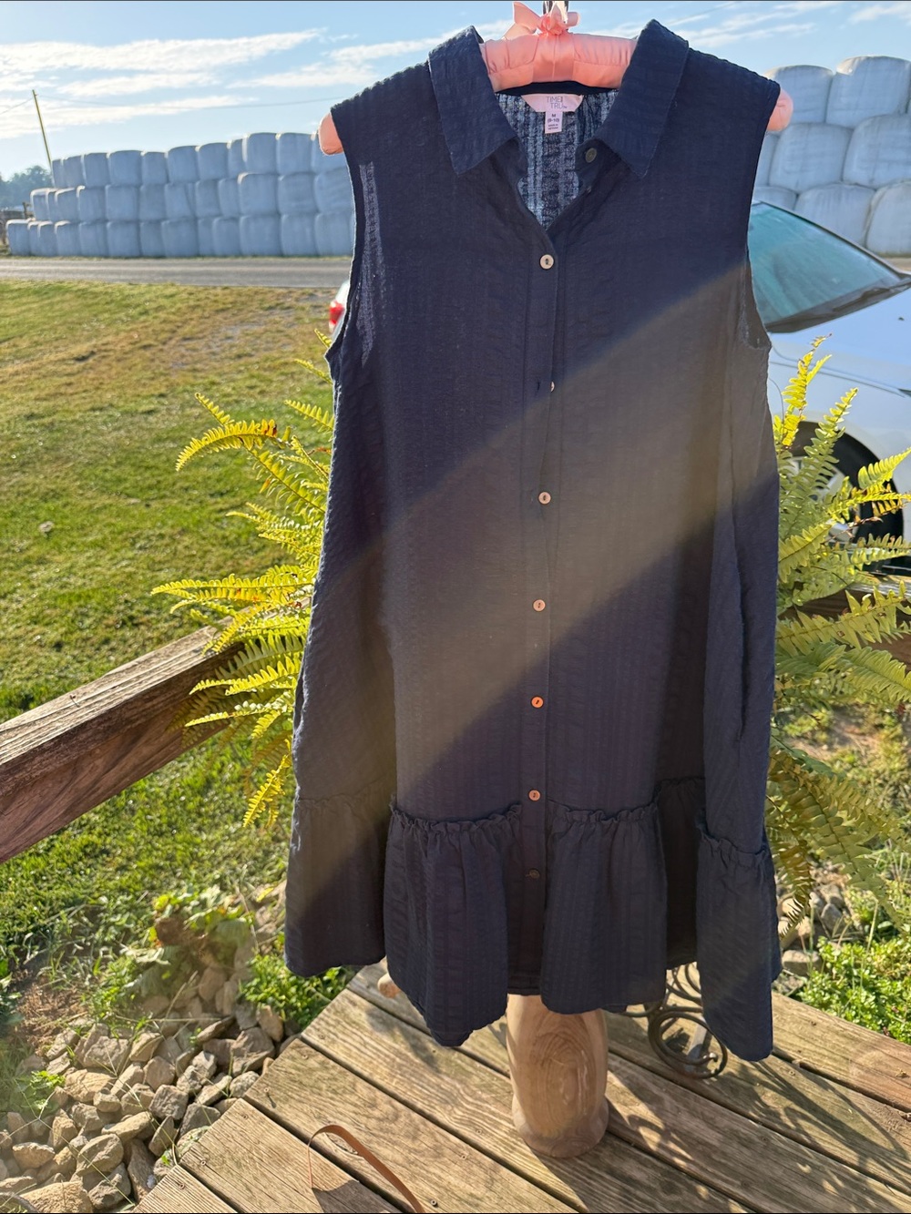 Time and Tru Navy Sleeveless Button-Down Ruffle Hem Dress